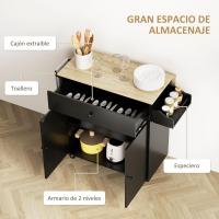 Cocina con ala abatible Carrito de cocina Mueble auxiliar de cocina con ruedas 2 puertas Cajón Especiero Toallero y estante ajustable 106x42x87 cm Negro y Roble - details 3