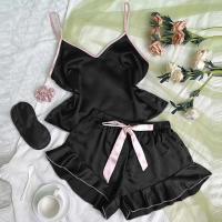 Pijama de satén liso para mujer, camiseta con cuello en V, pantalones cortos con lazo con volantes, conjunto de pijama sencillo y transpirable - details 9