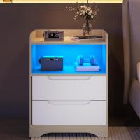 Mesitas de Noche con luces LED y Estación de Carga (2 Tomas AC, 2 Puertos USB) Mesita de Noche Blanca Mesas Auxiliares con 1 compartimento abierto y 2 cajones para Dormitorio Salón - details 60