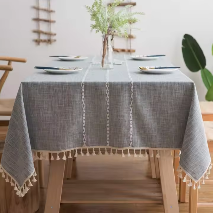Mantel Rectangular Impermeable Antimanchas de Algodón y Lino, Resistente al Aceite para Mesa Mantel, Patrón Raya de Borlas Empalm - 1