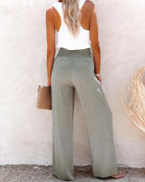 Pantalones de algodón y lino para mujer, pantalón de color liso y lino elástico, pantalones de pierna sueltos y casuales - details 5