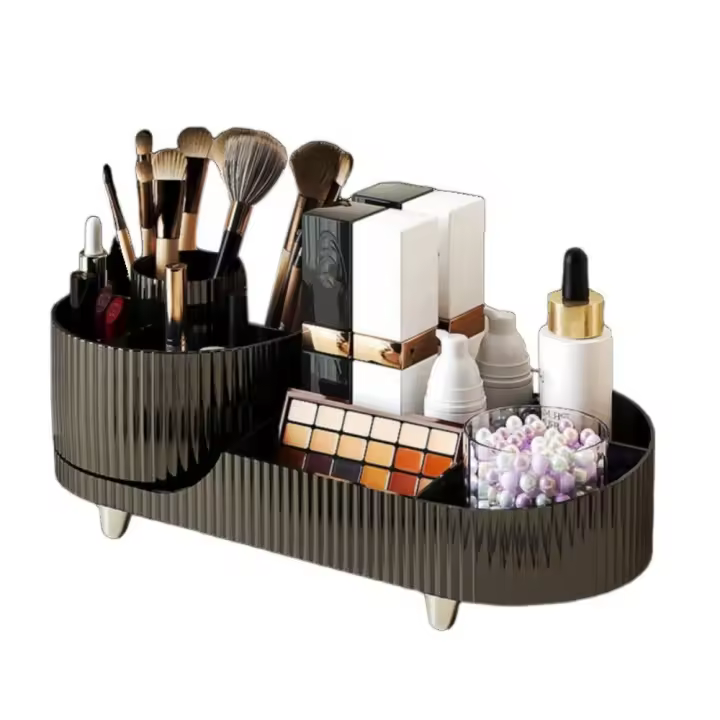 Plástico 360 ° Caja de almacenamiento de cosméticos giratoria, antideslizante, gran capacidad, soporte para brochas de maquillaje, estuche de exposición para cosméticos que ahorra espacio - 1