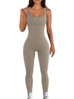 Mono de yoga sin mangas con cuello en U, color sólido, entrenamiento, sin costuras, biselado, ajustado, de una sola pieza, cuello cuadrado, ajustado - details 10