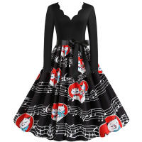 Women plaid print long sleeve vintage a line party dress v neck - details 93