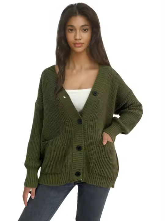Suéter de punto para mujer Otoño Primavera Cuello en V Sólido Corte holgado - 1