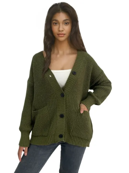 Suéter de punto para mujer Otoño Primavera Cuello en V Sólido Corte holgado - 1