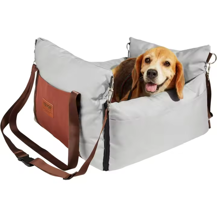 VEVOR Asiento de Coche para Perros 18 kg Asiento Elevado Impermeable para Mascotas Bolsillo de Almacenamiento Correa de Seguridad con Clip Acolchado de Esponja de Algodón PP para Coche, Gris - 1