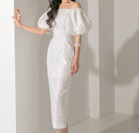 BGTEEVER-vestido ceñido con manga abombada para mujer, prenda elegante con abertura en la cadera, cuello de barco, cintura ajustada, Verano - details 7