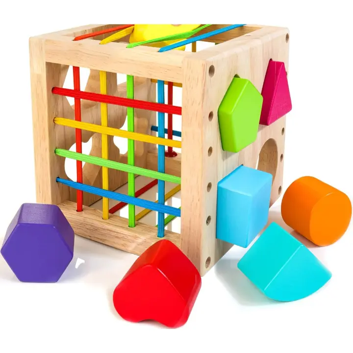 Juguetes Montessori de Madera Cubo Ordenador con 8 Formas de Rattle para Niños de 1+ Años - 1
