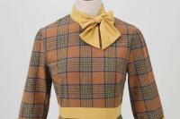 Vestido Midi de Cuello Alto con Lazo de Cuadros Retro Moda de Invierno para Mujeres Hepburn - details 10