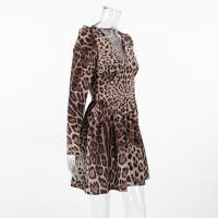 Estampado de leopardo con cuello en V ajustado verano otoño nuevo estampado manga larga vestido corto para mujer elegante - details 10