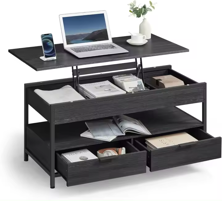 Mesa de Centro Elevable, Mesa de Salón, con Cajones de Almacenamiento, Compartimentos Ocultos y Estante Abierto, 50 x 100 cm, Marrón Rústico y Negro Tinta LCT209K01 - 1