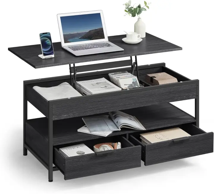Mesa de Centro Elevable, Mesa de Salón, con Cajones de Almacenamiento, Compartimentos Ocultos y Estante Abierto, 50 x 100 cm, Marrón Rústico y Negro Tinta LCT209K01 - 1
