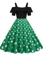 Vestido de fiesta Vintage elegante con hombros descubiertos, vestidos Midi de verano con lunares y volantes para mujer - details 0