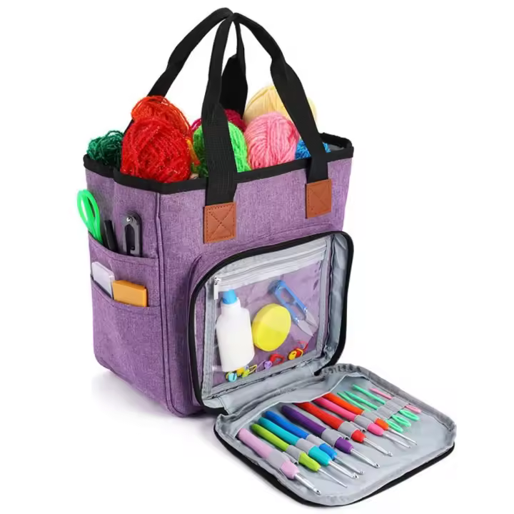 Bolsa de almacenamiento de herramientas de tejer con múltiples bolsillos, gran capacidad, mango duradero, bolsa para máquina de coser, bolsillo con cremallera, ranuras para bolígrafos - 1