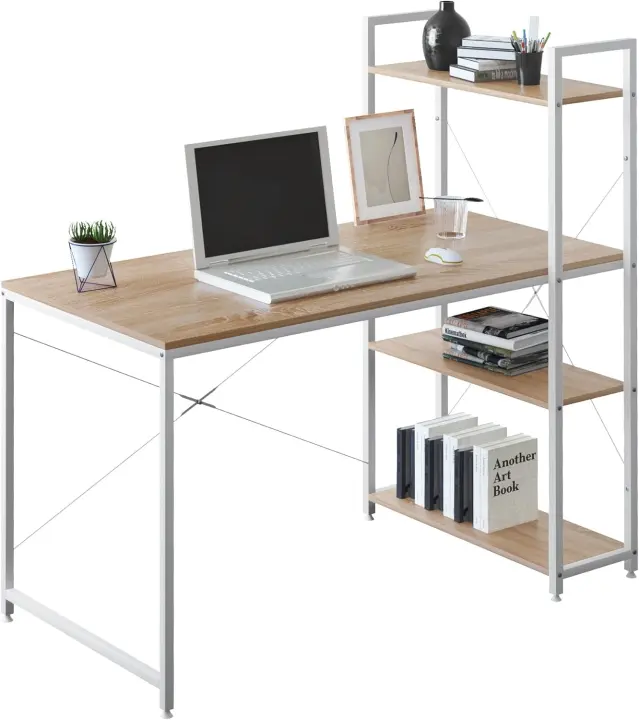 Escritorio con estantería reversible, 120x60cm, mesa de ordenador, mesa de trabajo de madera y acero, roble+blanco, TSB01whe - 1