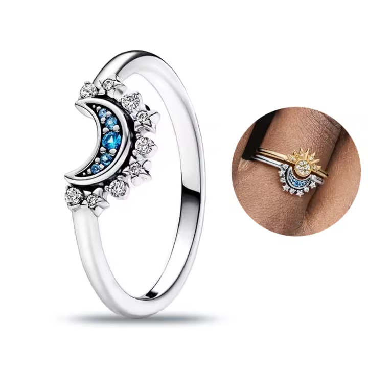 Anillo de Sol y Luna de Plata de Ley 925 Anillo Brillante de Sol, Anillo Azul de Luna, Regalo de Amistad Prometida - 1