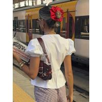 Rockmoer-Blusa Kawaii Peplum para mujer, blusas blancas de verano con mangas cortas con lazo y cuello en V, paridad frontal, campaña - details 2