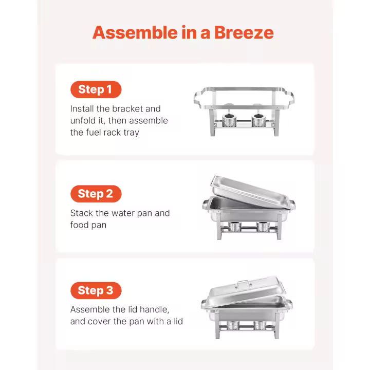 SucceBuy Juego de buffet de platos para frotar – 8 cuartos, chafer de acero inoxidable con 2 sartenes de tamaño completo, servidor rectangular para calentar catering con tapa, bandeja para agua, soporte y soporte para combustible, ideal para bodas, fiesta - 1