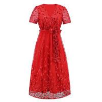 Vestido largo de fiesta de gasa de manga corta para mujer, vestido nupcial, rojo S - details 7