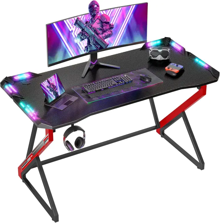 Escritorio Gaming con LED - 100x60cm Mesa de Ordenador Esport Ergonómico, Marco Z Fibra de Carbono Estable Fácil de Montar, Gancho Auriculares para Juegos Estudiar Trabajar - 1