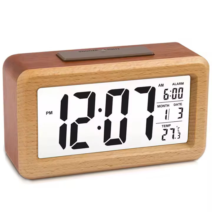Reloj despertador digital LED grande de madera, luz nocturna con sensor inteligente con repetición, fecha, temperatura, conmutable 12/24 horas - 1