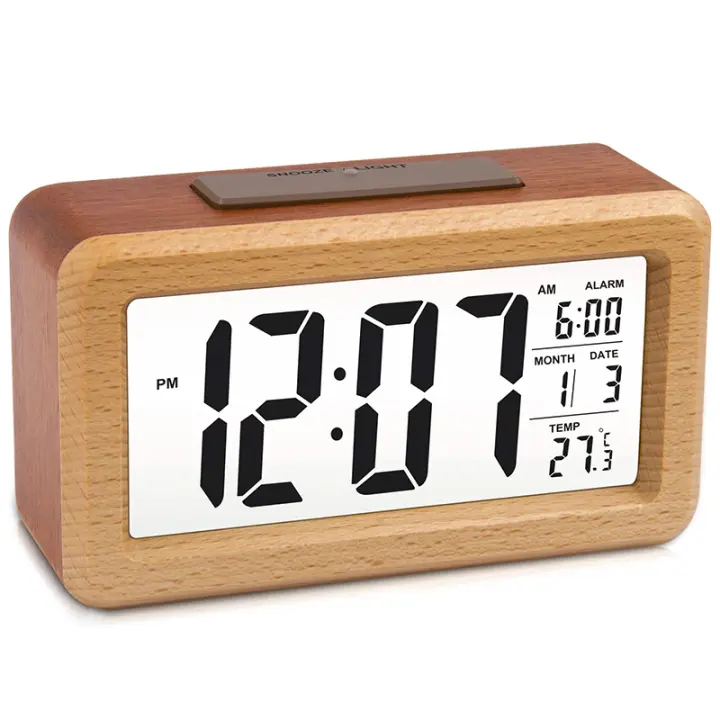 Reloj despertador digital LED grande de madera, luz nocturna con sensor inteligente con repetición, fecha, temperatura, conmutable 12/24 horas - 1