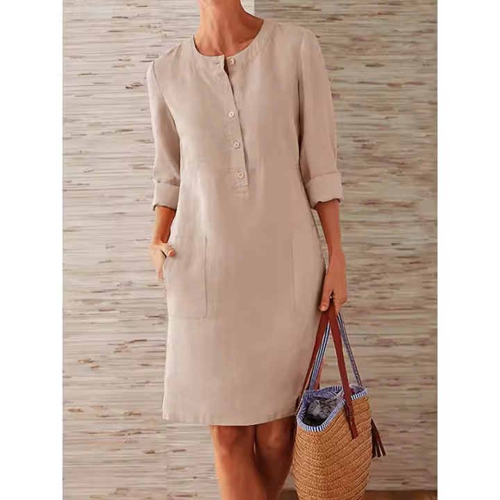 Primavera nuevo vestido de manga larga con cuello redondo de algodón y lino de talla grande para mujer - 1