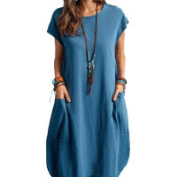 2025 Primavera/Verano Vestido de bolsillo sólido informal suelto de algodón y cáñamo para mujer - details 3