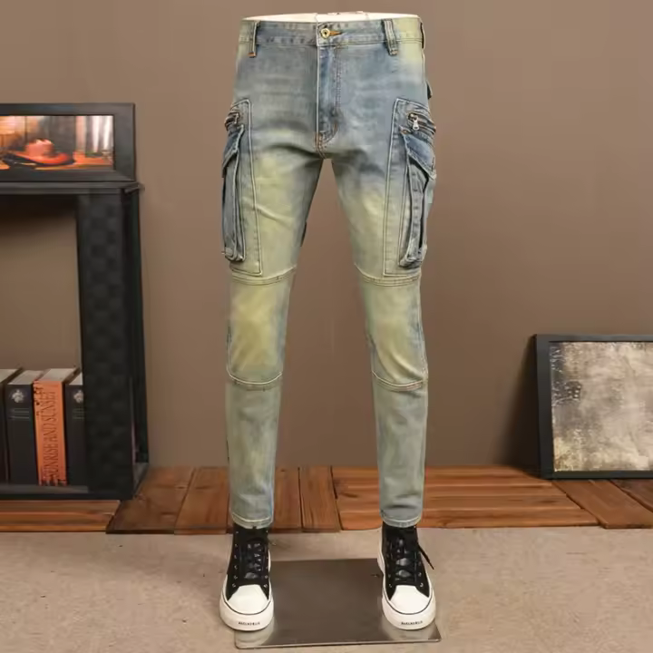Jeans Retro Azules Lavados Estilo Hip Hop con Diseño de Bolsillos Adelgazados Moda para Hombres - 1