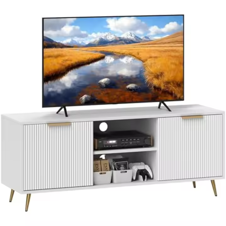 Mueble de TV Moderno para Salón con 2 Compartimentos Abiertos y 2 Puertas, Mueble para Televisión de 55 Pulgadas, 120x35x48 cm, Blanco - 1