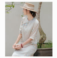 Cheongsam mejorado reductor de edad de estilo chino de verano con estampado artístico, cuello inclinado de pie, efecto adelgazante, ramio medio - details 4