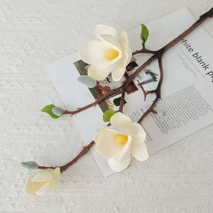Rama de Magnolia Artificial de EVA, 3 cabezas, simulación hecha a mano, gran Magnolia Flexible, flor falsa de tacto Real, decoración de jardín al aire libre - 1
