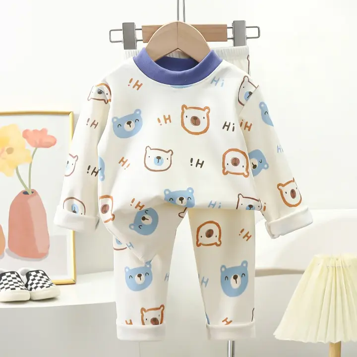 Pijamas de oso de dibujos animados para niños en otoño, ropa de dormir cálida para niños y niñas, conjunto de ropa interior desechable - 1