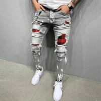 Nuevos pantalones vaqueros rasgados ajustados para hombre, parches Endothecium con agujeros de rejilla a la moda, pantalones pitillo de mezclilla informales elásticos ajustados, pantalones para correr - details 1