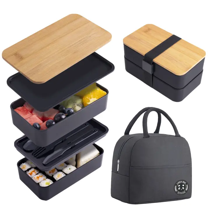Fiambrera Bento Para Adultos y Niños, Fiambrera de Estilo Japonés con Bolsa térmica, Porta Alimentos, Cuchara y Tenedor - 1