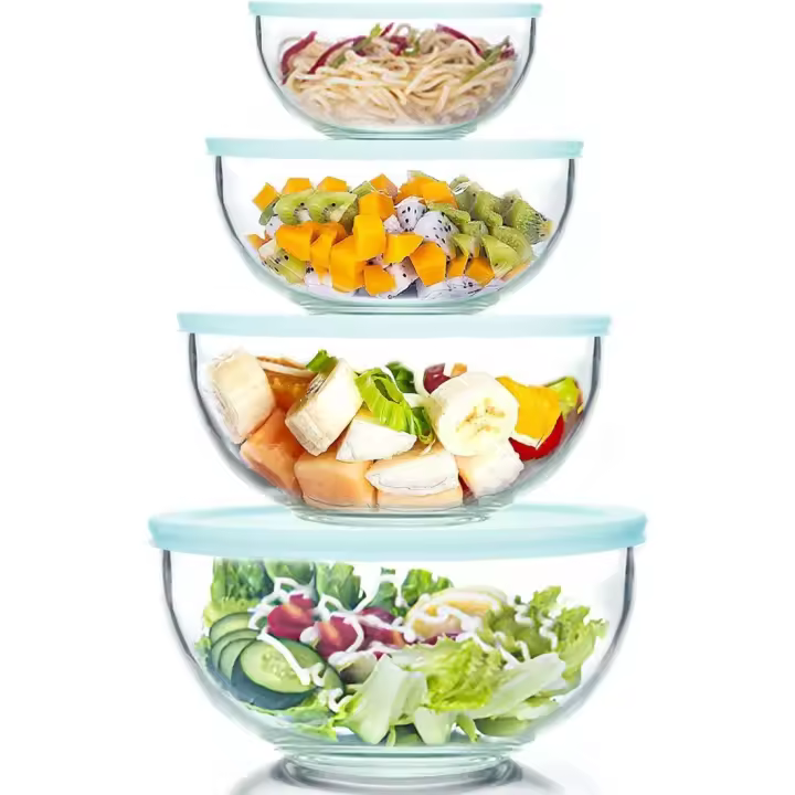 Juego de 4 cuencos de vidrio con tapas, cuencos de vidrio resistentes al calor (3.7 cuartos de galón, 2.1 cuartos de galón, 1.1 cuartos de galón) - 1