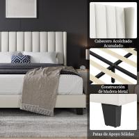 Cama tapizada con cabecera a rayas con alas de láminas de madera y metal, cama matrimonial color beige. - details 33