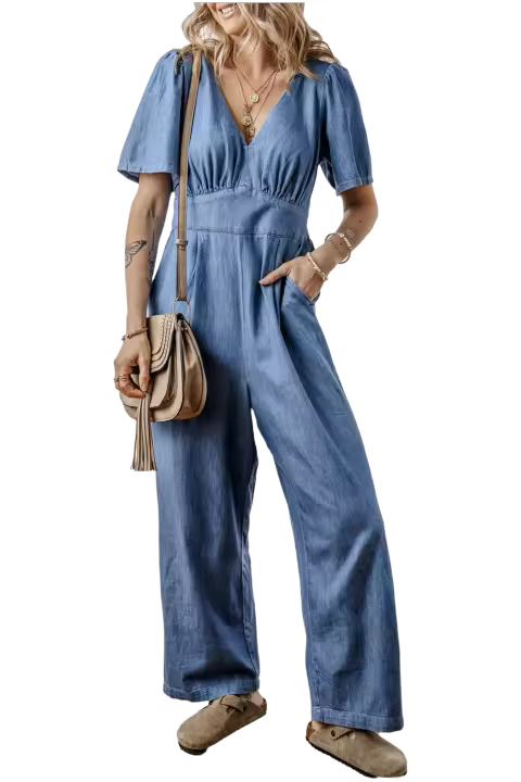 Elrachen Mono vaquero de manga corta con cuello en V y espalda fruncida para mujer, azul Ashleigh, tallas S-XL - 1
