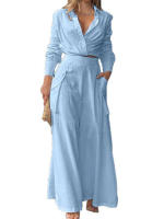 Women casual 2 pieces set elegant turn down collar long sleeve shirt and wide leg pants - details 23
