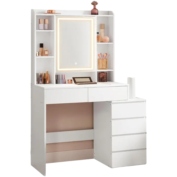 Brillo Ajustable, Mesa de Maquillaje con Espejo, Compartimentos Abiertos, Estantes Ajustables, Estación - 1