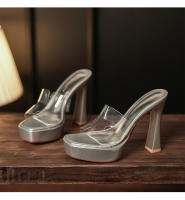 Transparente tacones altos impermeable mesa de una palabra cristal zapatillas frescas tacón grueso hermoso desgaste exterior verano super tacón alto - details 30