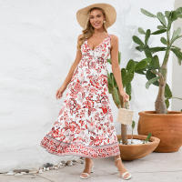 Vestidos largos bohemios para mujer, cuello en V, sin mangas, cintura alta, Maxi, estampados rojos, Playa - details 9