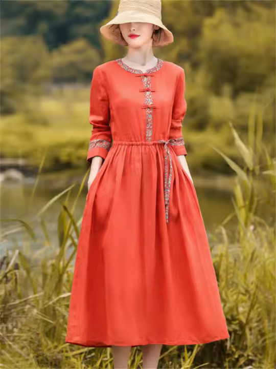 Elegante Vestido Rojo Vintage de Algodón Lino Moda Casual Suelta para Mujeres en Primavera Otoño - 1