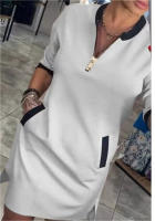 2024 vestido de mujer con cuello en V y cremallera manga tres cuartos elegante vestido Casual nuevo traje de ocio para mujer - details 3