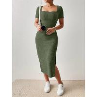 Cuello cuadrado de verano, falda de longitud media que abraza la cadera, manga corta, vestido con abertura de punto versátil - details 20