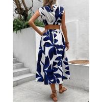 Vestido largo de mujer con estampado floral de plantas, cuello redondo, manga corta y cintura alta para el verano de 2024 - details 5