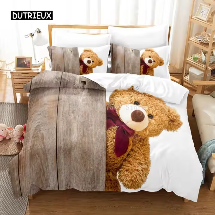 Conjunto de Ropa de Cama de Oso 3D Impreso Dulce Dormitorio de Dibujos Animados - 1
