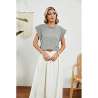 BUNO-2025 Tops para mujer, pantalón corto informal de moda de verano, camisetas básicas con textura a rayas de Color sólido y cuello redondo - details 29