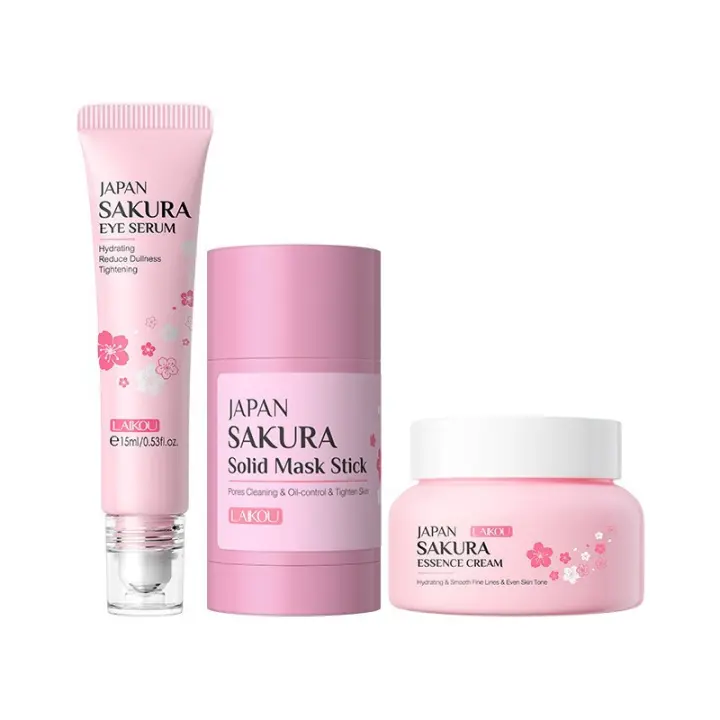 LAIKOU Kit de Esencia de Mascarilla de Cerezo Japonés, incluye tónico, contorno de ojos, limpiador facial, loción y otros productos de cuidado de la piel - 1